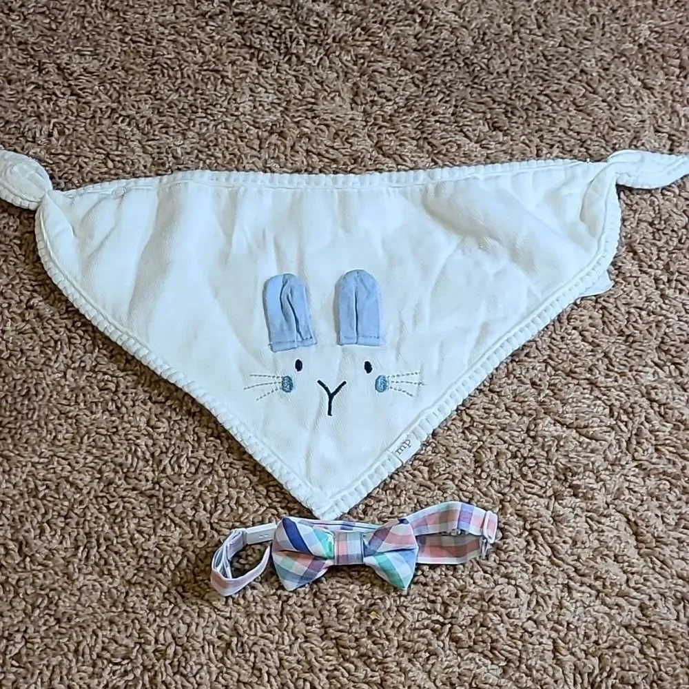 Mud Pie Bunny and Blue Gingham Bib with a bow tie thrown in. NWOT